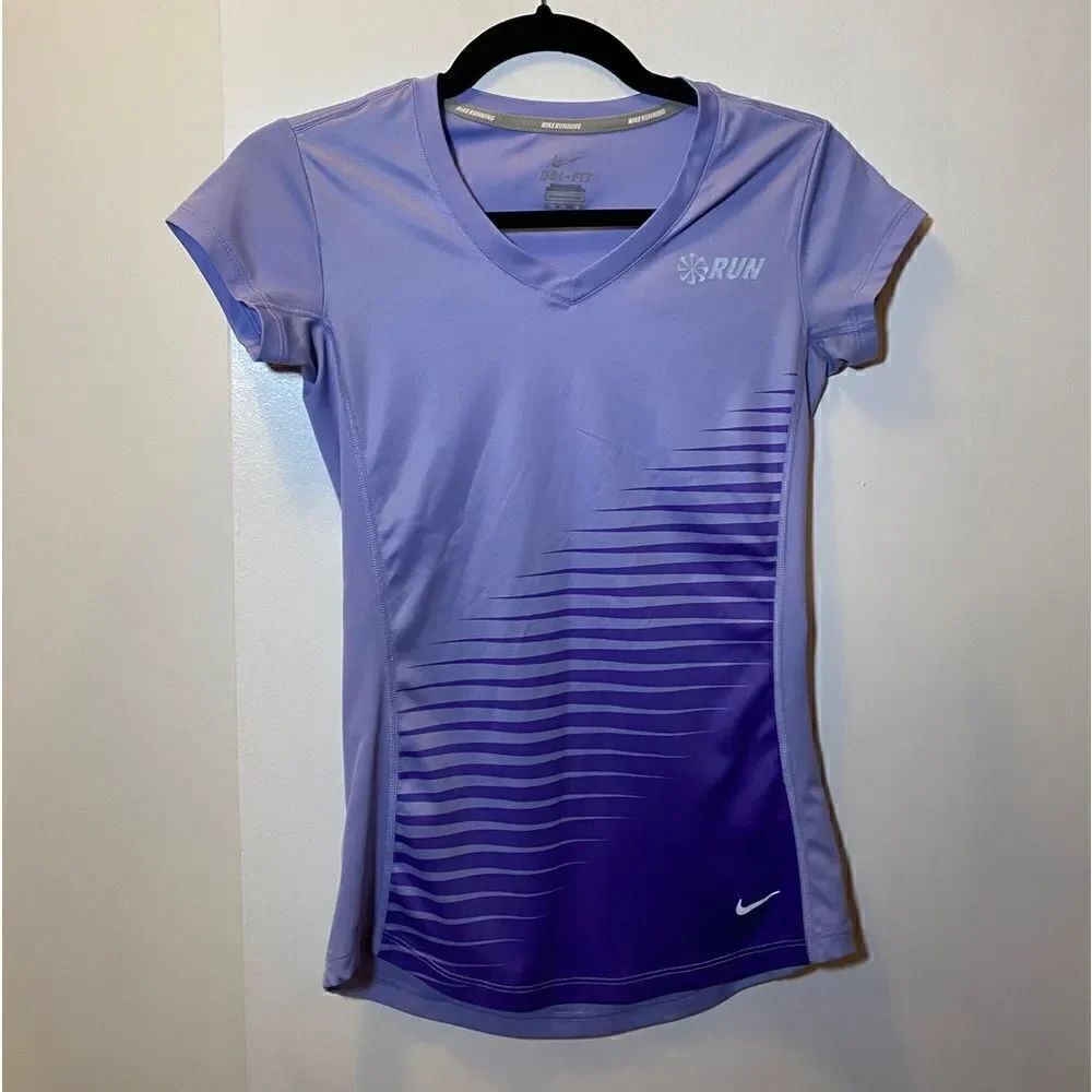 NIKE RUN Dri Fit V-Neck Short Sleeve Running Top Purple Women’s Size XS